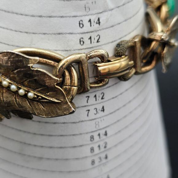 Vintage Peking Glass Leaf Bracelet Gold Tone Faux Seed Pearls Leaves - Picture 2 of 9